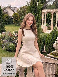 SHEIN MOD Women's Summer Elegant French Bow Decor Sleeveless Mini Dress Beach Beige - Apricot - View 1
