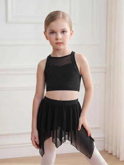SHEIN Young Girls' Halter Top And Skort Sports Set, Solid Color, Halter Neck Top, Matching Skort, Knit, Fitted, Sportswear, Cardigan, Knitted, Vest, Collar