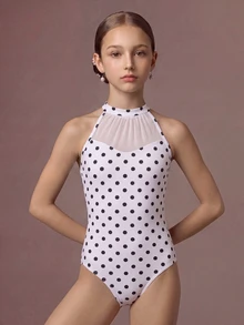 SHEIN 青少年女孩經典黑色芭蕾舞連身衣，精緻高領，可愛校園風，秋季冬季返校穿搭 - 白色 - 查看 3