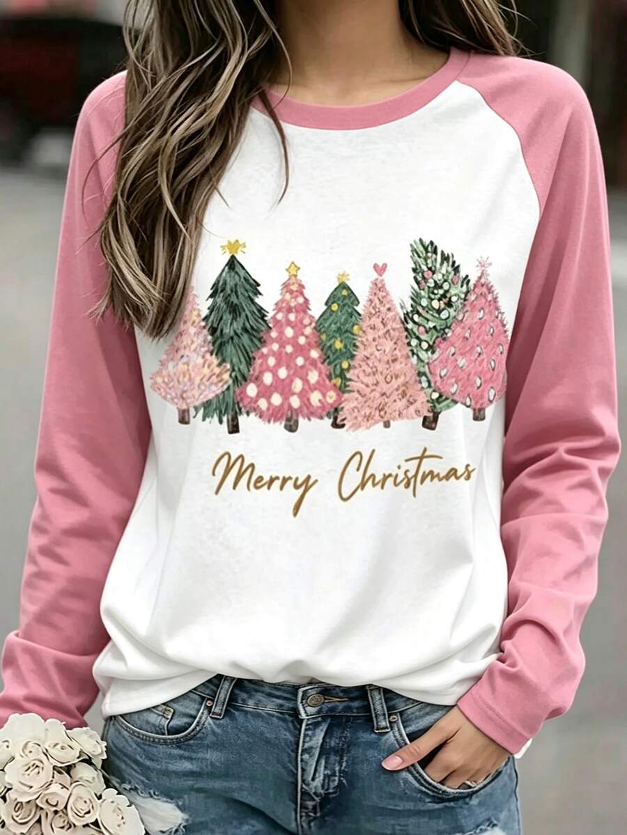 Selamara Women's Christmas Colorblock Christmas Tree Print T-Shirt - Black and White - View 1
