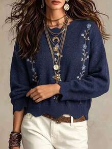 SHEIN Navy Blue Floral Lace Collar Loose Embroidered Autumn/Winter Sweater Brunch Romantic Elegant - Navy Blue - View 2