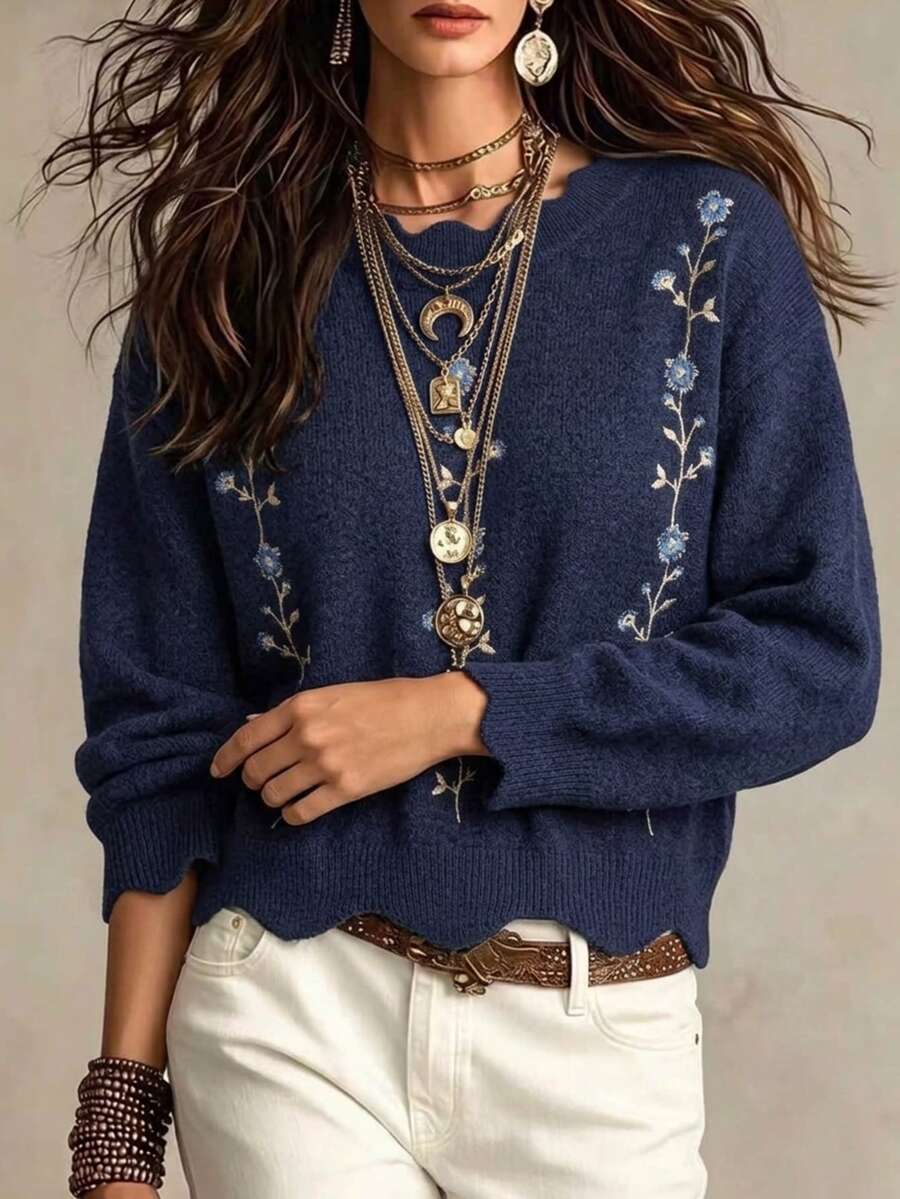 SHEIN Navy Blue Floral Lace Collar Loose Embroidered Autumn/Winter Sweater Brunch Romantic Elegant