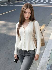 Sweetina Slim Fit Waist Ruffle Hem Long Sleeve Cardigan Sweater - White - View 3