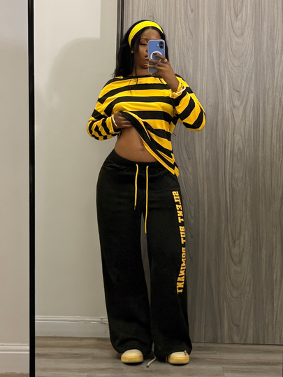 Fiercella Fiercella Women's Street Streetwear Retro Black And Yellow Black Loose Casual Two Pieces Set Halloween Everyday Daytime Autumn,Striped Sets,Afro Fashion Outfits
