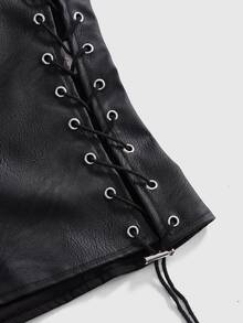 ROMWE Grunge Punk Hedi Outfits Autumn Punk Halloween Metal Eyelet Lace-Up Design PU Fitted Tank Top - Black - View 12