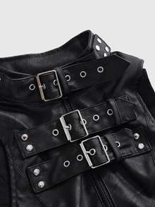 ROMWE Grunge Punk Hedi Outfits Autumn Punk Halloween Metal Eyelet Lace-Up Design PU Fitted Tank Top - Black - View 13
