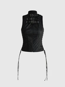 ROMWE Grunge Punk Hedi Outfits Autumn Punk Halloween Metal Eyelet Lace-Up Design PU Fitted Tank Top - Black - View 10