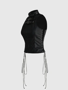 ROMWE Grunge Punk Hedi Outfits Autumn Punk Halloween Metal Eyelet Lace-Up Design PU Fitted Tank Top - Black - View 11