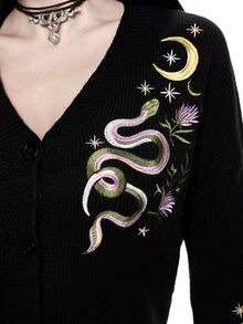ROMWE Dark Gothic Cherry Skull Embroidered Contrast Color Short Loose Knit Cardigan - Black - View 9