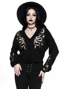 ROMWE Dark Gothic Cherry Skull Embroidered Contrast Color Short Loose Knit Cardigan - Black - View 4