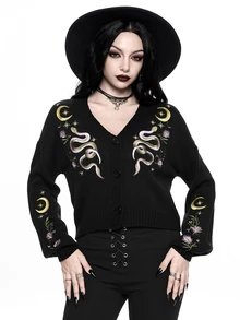 ROMWE Dark Gothic Cherry Skull Embroidered Contrast Color Short Loose Knit Cardigan - Black - View 1