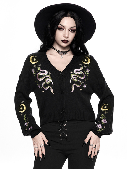ROMWE Goth Cardigan de punto corto y holgado con bordado de calavera de cereza gótica oscura y contraste de color