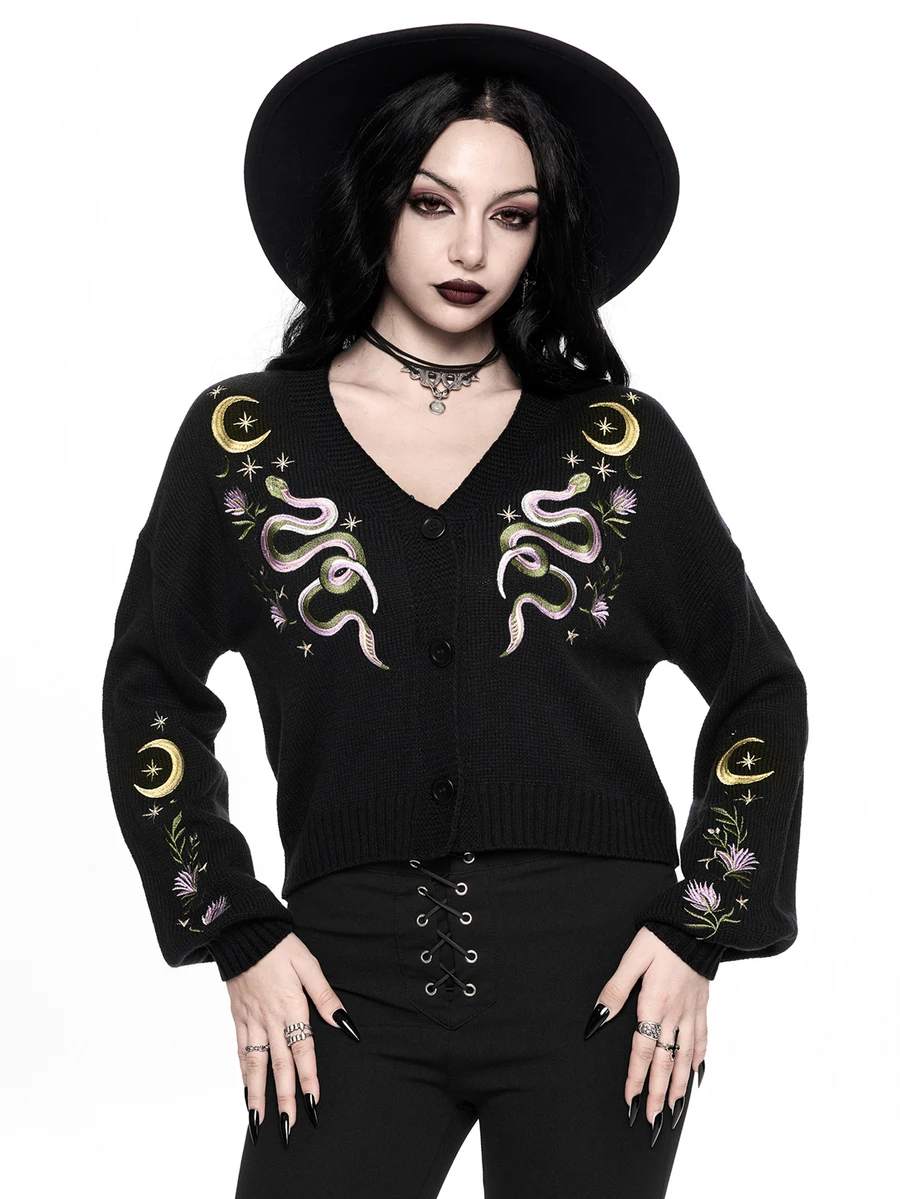 ROMWE Dark Gothic Cherry Skull Embroidered Contrast Color Short Loose Knit Cardigan - Black - View 1