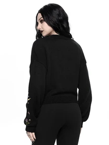 ROMWE Dark Gothic Cherry Skull Embroidered Contrast Color Short Loose Knit Cardigan - Black - View 7