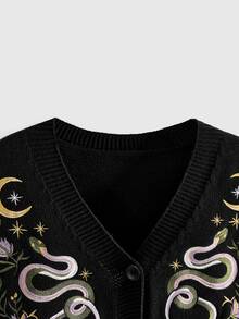 ROMWE Dark Gothic Cherry Skull Embroidered Contrast Color Short Loose Knit Cardigan - Black - View 10