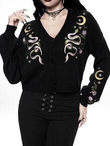 ROMWE Dark Gothic Cherry Skull Embroidered Contrast Color Short Loose Knit Cardigan - Black - View 8