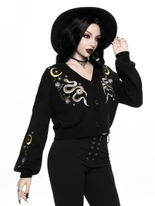 ROMWE Dark Gothic Cherry Skull Embroidered Contrast Color Short Loose Knit Cardigan - Black - View 5