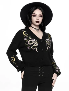 ROMWE Dark Gothic Cherry Skull Embroidered Contrast Color Short Loose Knit Cardigan - Black - View 6