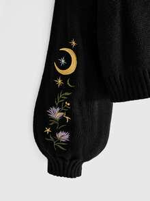 ROMWE Dark Gothic Cherry Skull Embroidered Contrast Color Short Loose Knit Cardigan - Black - View 11