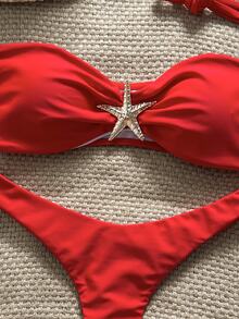 Elavelle Women's Solid Color Spaghetti Strap Starfish Metal Decor Sexy Bikini Set, Summer - Red - View 7
