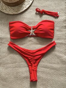 Elavelle Women's Solid Color Spaghetti Strap Starfish Metal Decor Sexy Bikini Set, Summer - Red - View 2