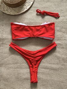 Elavelle Women's Solid Color Spaghetti Strap Starfish Metal Decor Sexy Bikini Set, Summer - Red - View 4