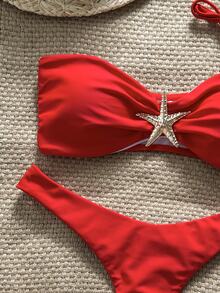 Elavelle Women's Solid Color Spaghetti Strap Starfish Metal Decor Sexy Bikini Set, Summer - Red - View 5