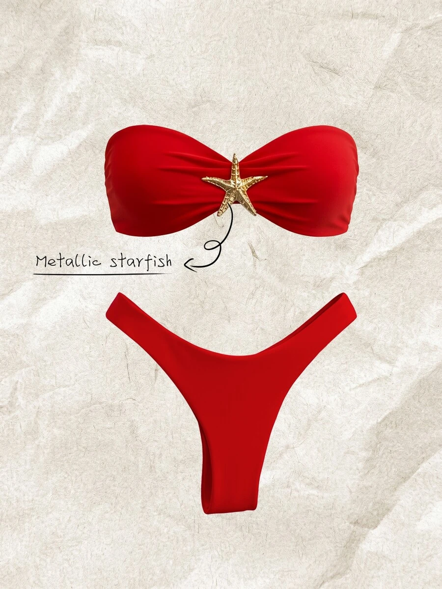 Elavelle Women's Solid Color Spaghetti Strap Starfish Metal Decor Sexy Bikini Set, Summer - Red - View 1