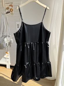 CovetEZ Plus Size Women's Solid Color Pleated Fashion Versatile Cami Dress, Summer & Autumn - Black - View 3