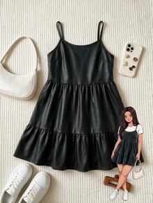 CovetEZ Plus Size Women's Solid Color Pleated Fashion Versatile Cami Dress, Summer & Autumn - Black - View 4