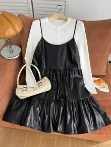 CovetEZ Plus Size Women's Solid Color Pleated Fashion Versatile Cami Dress, Summer & Autumn - Black - View 1