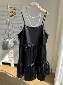 CovetEZ Plus Size Women's Solid Color Pleated Fashion Versatile Cami Dress, Summer & Autumn - Black - View 2
