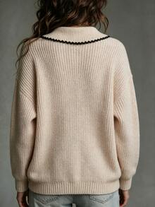 LUMIGAL Women's Peter Collar Drop-Shoulder Long Sleeve Single-Breasted Knit Cardigan - Khaki - View 2