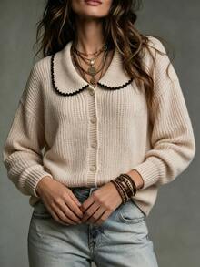 LUMIGAL Women's Peter Collar Drop-Shoulder Long Sleeve Single-Breasted Knit Cardigan - Khaki - View 6