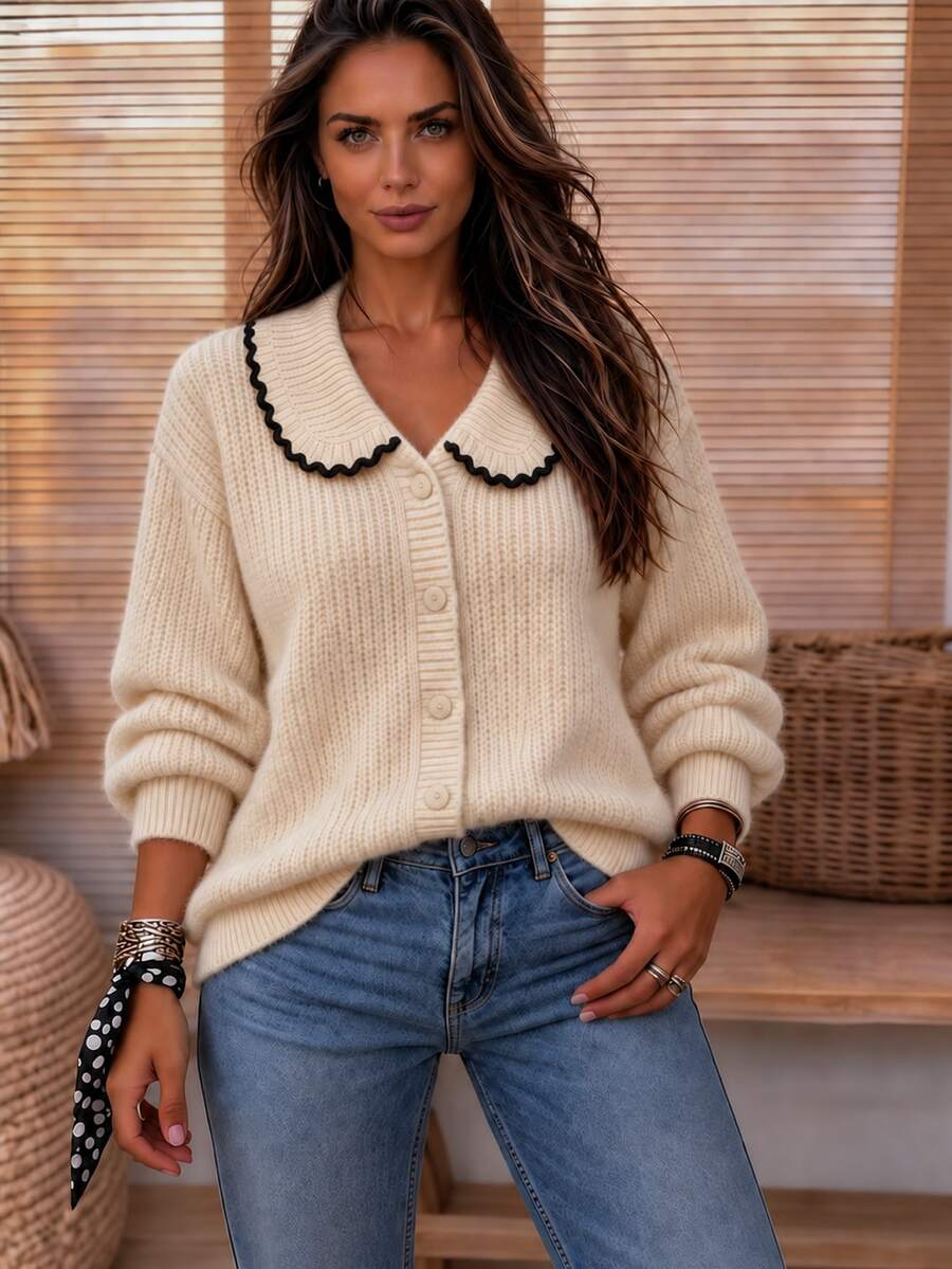 LUMIGAL Women's Peter Collar Drop-Shoulder Long Sleeve Single-Breasted Knit Cardigan - Khaki - View 1