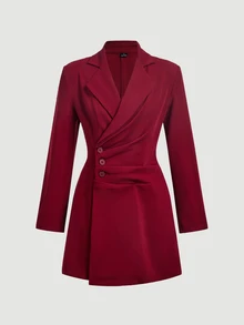 SHEIN MOD Ruched Waist Button Asymmetric Placket Burgundy Blazer Dress - Burgundy - View 5