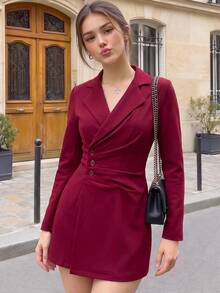 SHEIN MOD Ruched Waist Button Asymmetric Placket Burgundy Blazer Dress - Burgundy - View 2