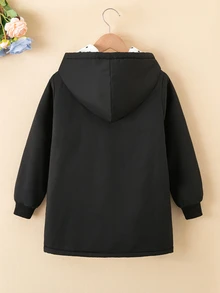 SHEIN 青少年女孩黑色連帽中長版外套，波點抓絨內裡，適合秋冬日常上學與旅行 - 黑色 - 查看 10