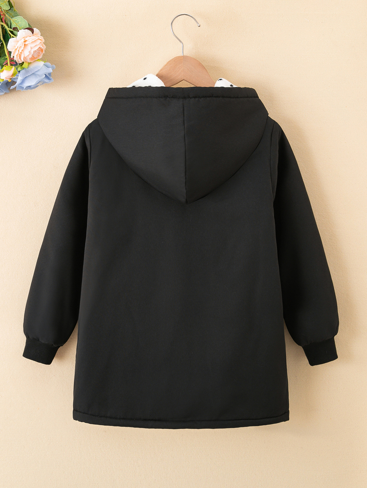 SHEIN Teen Girls Black Hooded Mid-Length Coat With Polka Dot Fleece Lining, Ideal For Autumn Winter Daily School Trip - Black - View 10