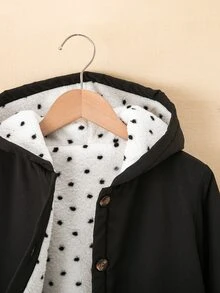 SHEIN 青少年女孩黑色連帽中長版外套，波點抓絨內裡，適合秋冬日常上學與旅行 - 黑色 - 查看 3