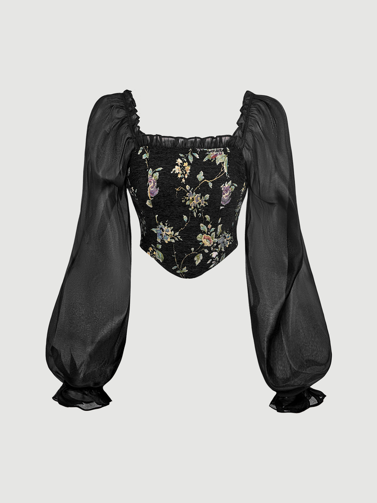 SHEIN MOD Blus Wanita Motif Bunga Kasual Serbaguna untuk Pemakaian Sehari-hari dengan Lengan Lentera - Hitam - View 4
