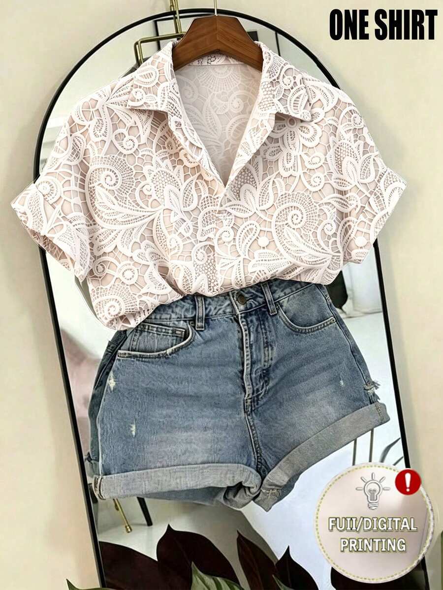 Franclia [Printed Design] Fashionable High-End French Design Loose Batwing Sleeve Collar Women's Cover Up, Vacation, Spring/Summer Shirt, Beach - Apricot - View 1