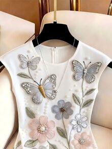 SHEIN Franclia [印花設計] 女款夏季蕾絲飾邊不對稱下擺襯衫（定位花卉）婚禮早午餐白色花卉浪漫優雅上衣 - 白色 - 查看 5