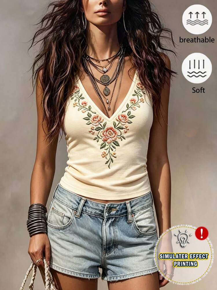Breezaya [Printed Design] Summer Casual Floral Print Ruched Tank Top Boho Summer Holiday Vacation Holiday Style, Elegant Casual V-Neck Country Work Attire Commuting, Beach Wear - Khaki - View 3