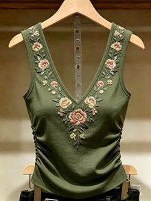 SHEIN [印花設計] 夏季休閒花卉印花背心 - 軍綠色 - 查看 4