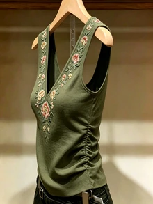 SHEIN [印花設計] 夏季休閒花卉印花背心 - 軍綠色 - 查看 3