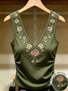 SHEIN [印花設計] 夏季休閒花卉印花背心 - 軍綠色 - 查看 5