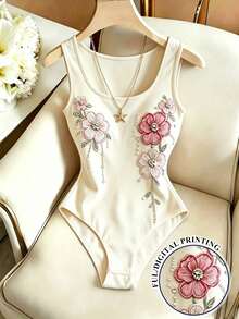 SHEIN Franclia [印花設計] 女款新款U領無袖花卉圖案杏色修身百搭休閒夏季連身衣 - 杏色 - 查看 2