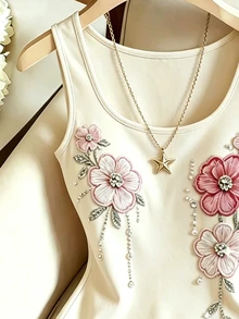 SHEIN Franclia [印花設計] 女款新款U領無袖花卉圖案杏色修身百搭休閒夏季連身衣 - 杏色 - 查看 4