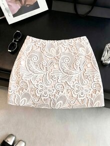 Franclia [Printed Design] Korean Style Girly Low-Waist A-Line Fashionable New Slimming Textured Print Zipper Women's Skirt - Apricot - View 6